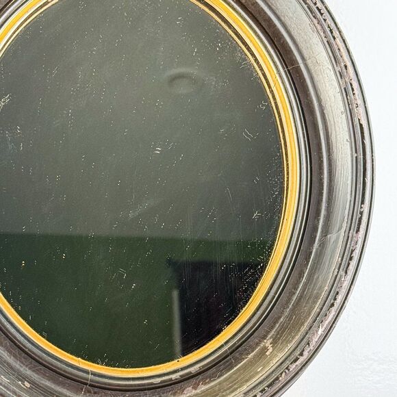 Antique Round Beveled Wall Mirror with Wooden Frame & Gilt Detail – 12” - Picture 5 of 8